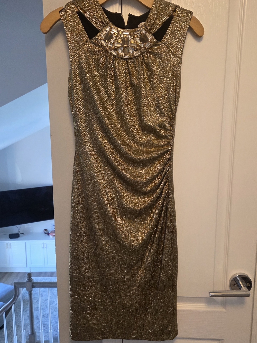 Cache Metallic Gold Midi Dress with Jeweled Neckline